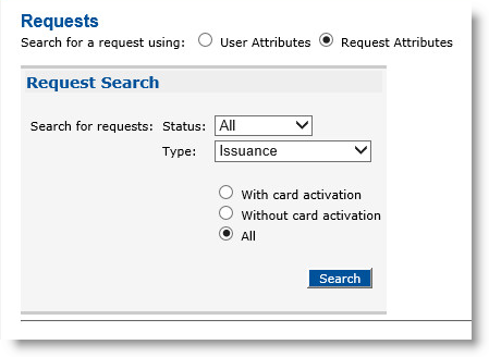 Requests tab of CMS Operator portal with Request Attributes option selected as request search criterion and Request Search field for Status set to All and Type set to Issuance with All option